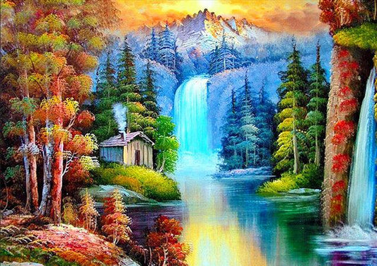 Cabin Waterfall Forest - Full Drill 5D DIY Diamond Painting Kits - Diamond Art Dezigns