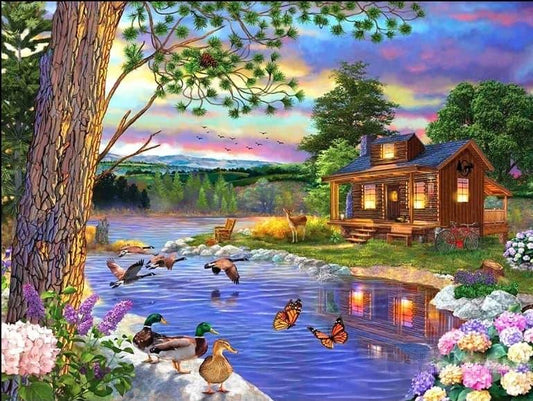 Cottage Cabin Lake - Full Drill 5D DIY Diamond Painting Kits - Diamond Art Dezigns