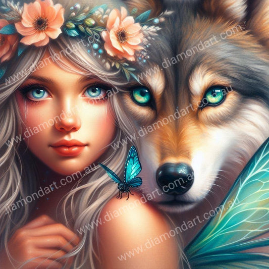 Wolf Girl Peach Flower - Diamond Art Dezigns