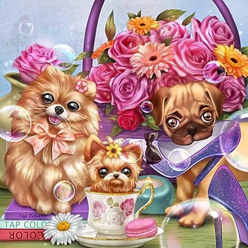 Puppy Tea Flowers - Full Drill 5D DIY Diamond Painting Kits - Diamond Art Dezigns